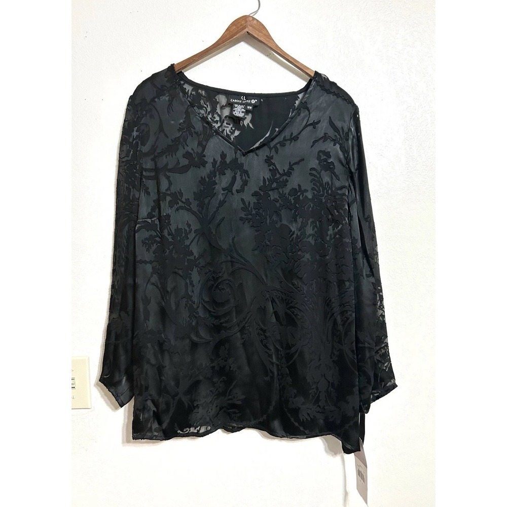 New Carole Little Velvet Burnout Blouse 16W Black Long Sleeve Silk Rayon USA
